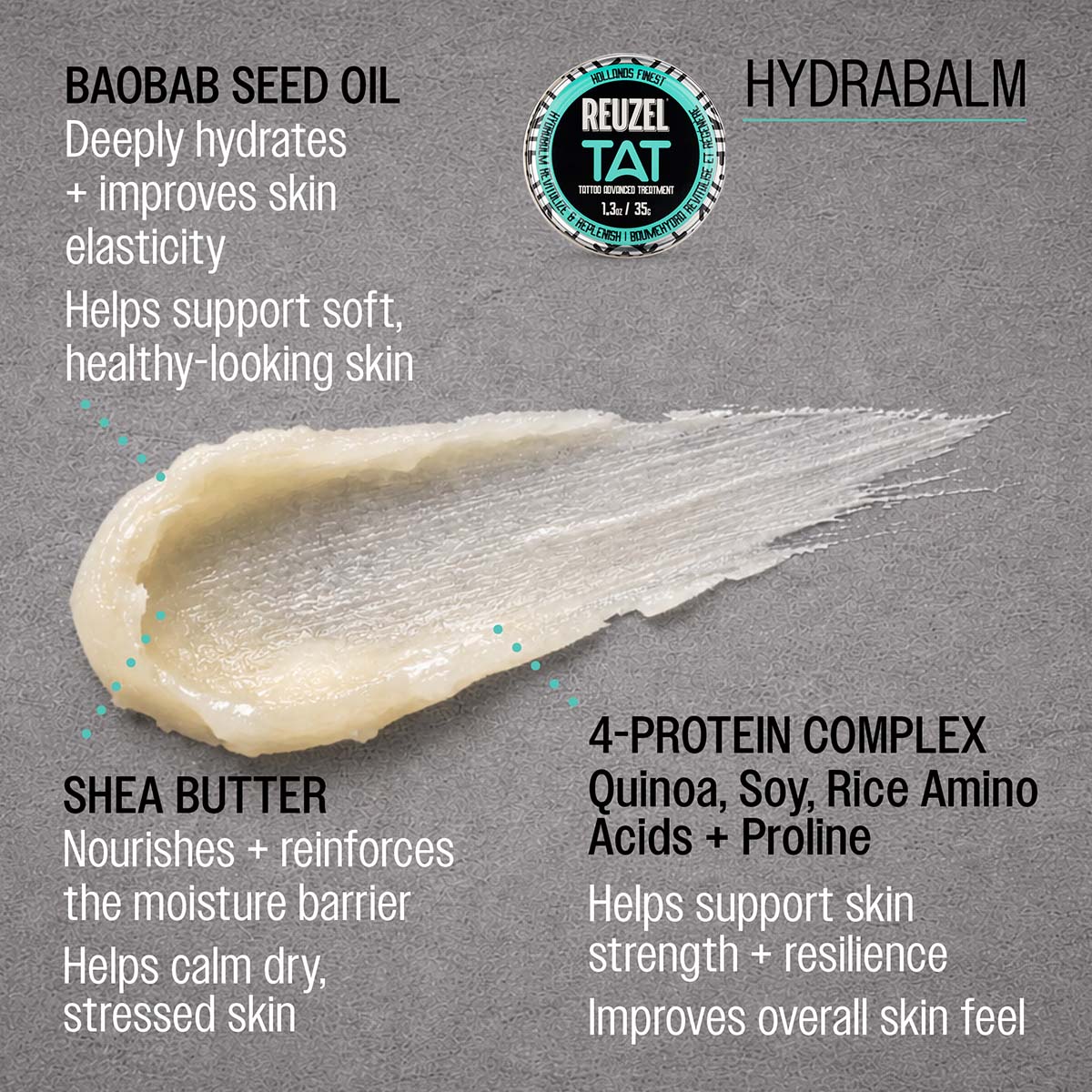 Reuzel TAT hydrabalm baobab seed oil deelpy hydrates and improves skin elasticity helps support soft, healthy-looking skin shea butter nourishes and reinforces the moisture barrier helps calm dry, stressed skin 4-protein complex quinoa, soy, rise amino acids, proline helps support skin strength and resillience improves overall skin feel