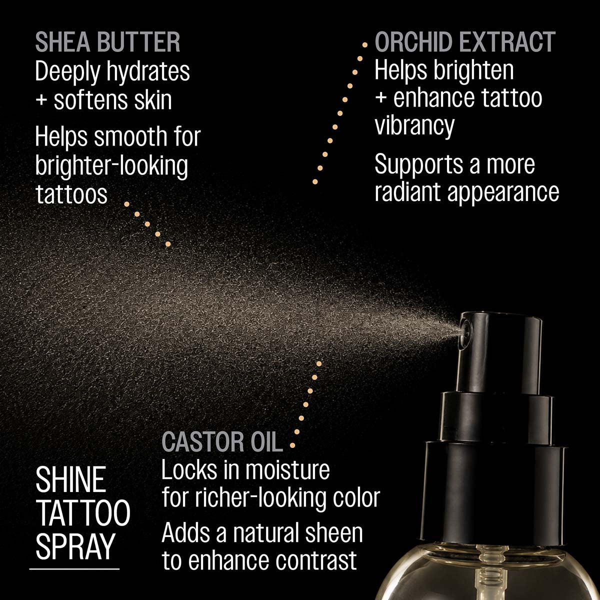 Reuzel TAT shine spray shea butter deeply hydrates and softens skin helps smooth for brighter-looking tattoos orchid extract helps brighten and enhance tattoo vibrancy supports a more radiant appearance castor oil locks in moisture for richer-looking color adds a natural sheen to enhance contrast