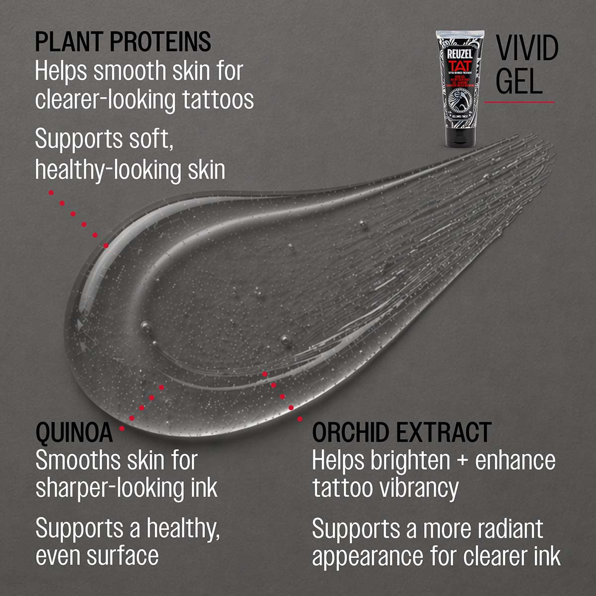 Reuzel TAT vivid gel plant proteins helps smooth skin for clearer-looking tattoos supports soft, healthy-looking skin qunoa smooths skin for sharper-looking ink supports a healthy, even surface orchid extract helps brighten and enhance tattoo vibrancy supports a more radiant appearance for clearer ink