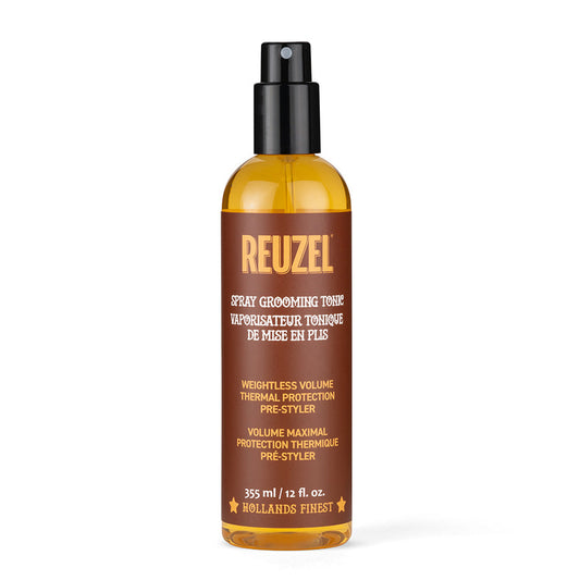 Reuzelinc Spray Grooming Tonic bottle front view, 355ml, with label showing product details and branding.