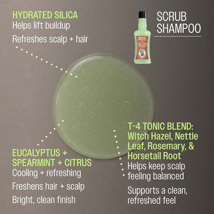 Reuzel scrub shampoo hydrated silica helps lift buildup refreshes scalp and hair eucalyptus spearmint and citrus cooling and refreshing freshens hair and scalp bright clean finish t-4 tonic blend: witch hazel, nettle leaf, rosemary, and horsetail root helps keep scalp feeling balanced supports a clean refreshed feel