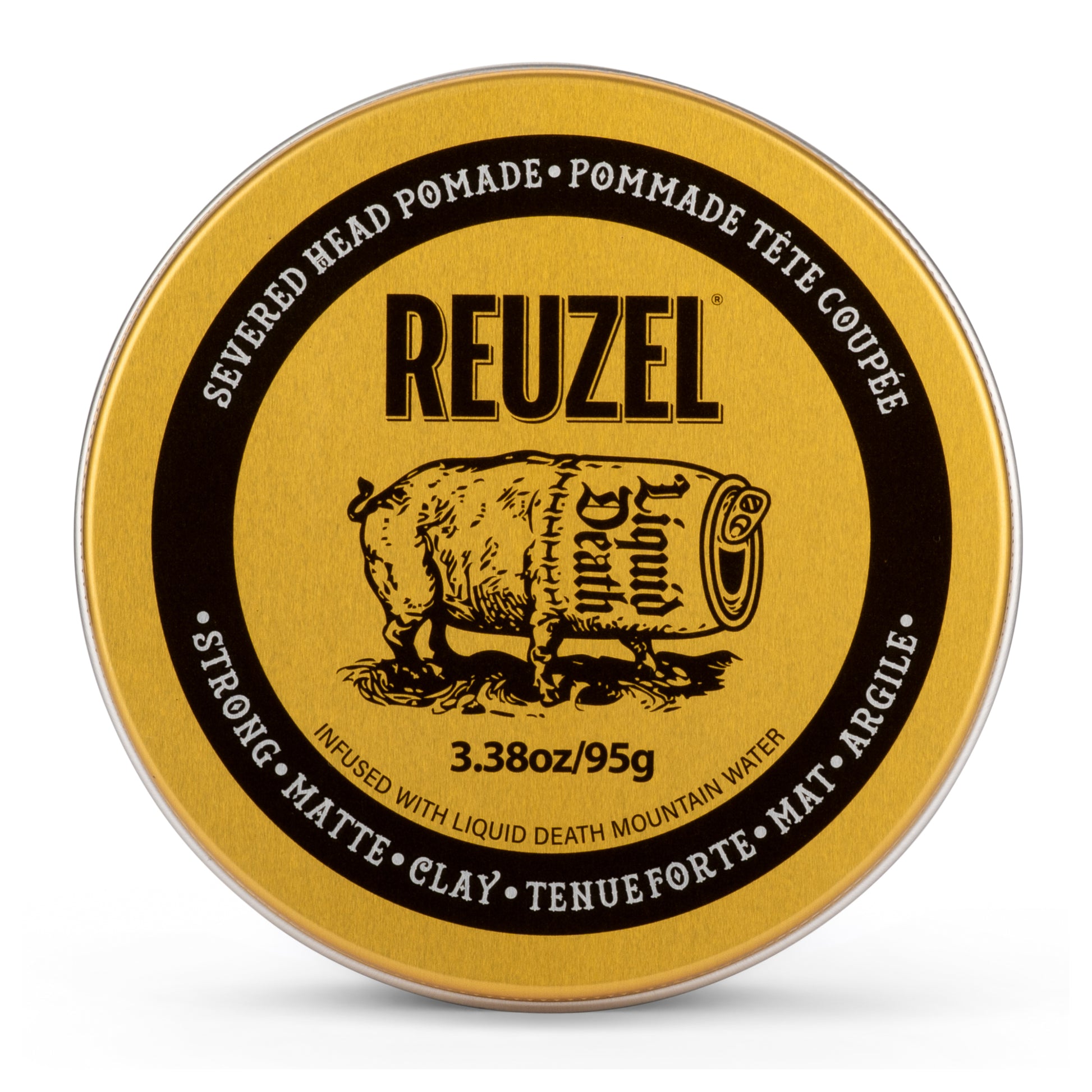 Six Pro REUZEL Severed Head Pomades with two free for backbar, featuring black and red packaging and vintage label design.