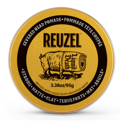 Six Pro REUZEL Severed Head Pomades with two free for backbar, featuring black and red packaging and vintage label design.