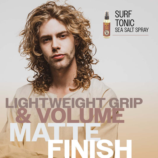 Male model with shoulder length brown curly hair
SURF TONIC SEA SALT SPRAY
LIGHTWEIGHT GRIP & VOLUME
MATTE FINISH