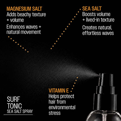 Reuzel surf tonic sea salt spray magnesium salt adds beachy texture and volume enhances waves and natural movement sea salt boosts volume and lived-in texutre creates natural, effortless waves vitamin e helps protect hair from enviornmental stress
