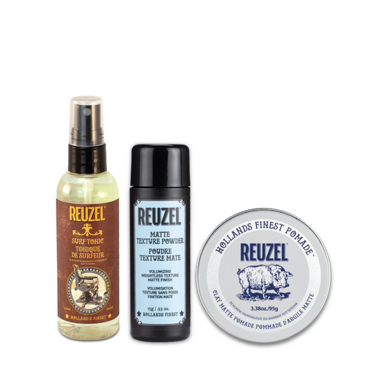Reuzel Surf Tonic Sea Salt Spray, Matte Texture Powder and Clay Matte Pomade with white background