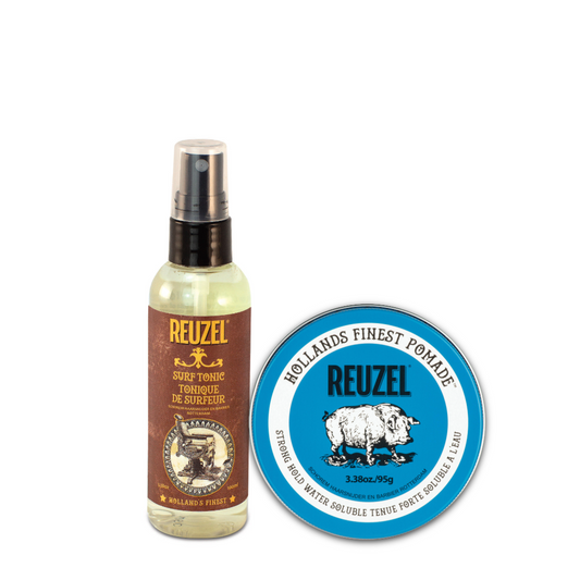 REUZEL texture and hold duo. Surf tonic sea salt spray travel size spray and blue pomade with a white background