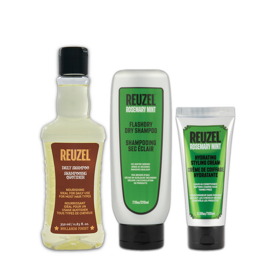 Reuzel's Daily Shampoo, FLASHDRY Dry Shampoo, and Hydrating Styling Cream with a white background