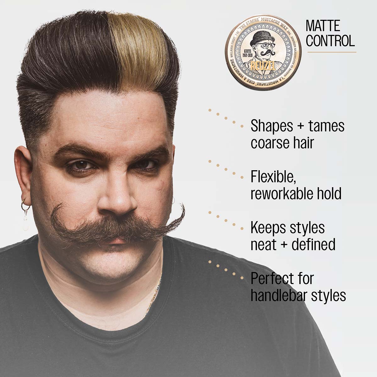 Reuzel "the stache" mustache wax matte control shapes and tames coarse hair flexible reworkable hold keeps styles neat and defined perfect for handlebar styles