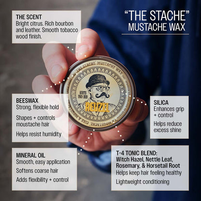 Reuzel "the stache" mustache wax beeswax strong flexible hold shapes and controles moustache hair helps resist humidity mineral oil smooth easy application softens coarse hair adds flexibility t-4 tonic blend: witch hazel, nettle leaf, rosemary, and horsetail root helps keep hair feeling healthy lightweight conditioning silica ehances grip and control helps reduce excess shine the scent bright citrus rich bourbon and leather smooth tobacco wood finish