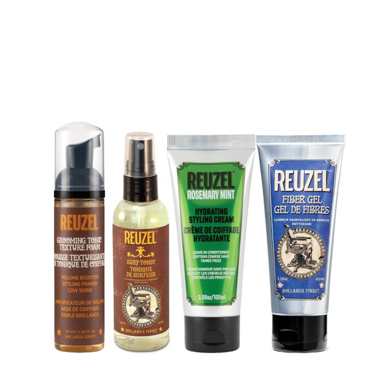 Reuzel Grooming Tonic Texture Foam, Surf Tonic Sea Salt Spray, Hydrating Styling Cream and Fiber Gel with a white background